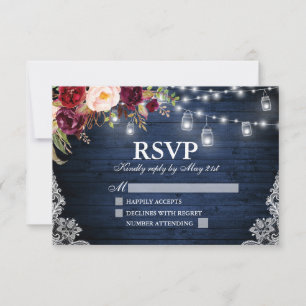 Cartons Réponse Mariage Floral Bois Bleu Rustique Lumières Jars