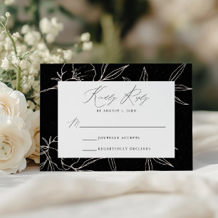 Cartons Réponse Mariage Floral Botanique Moderne Noir & Crème