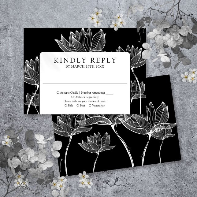 Cartons Réponse Mariage floral botanique moderne noir et blanc (Black And White Modern Botanical Floral Wedding RSVP Card)
