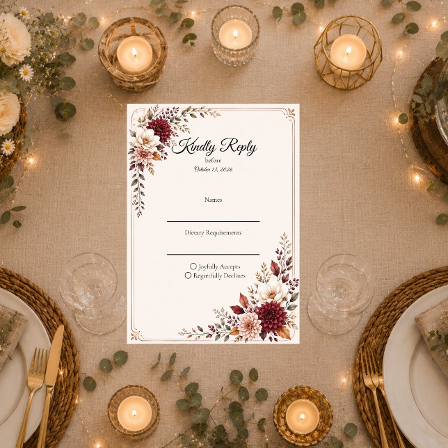 Cartons Réponse Mariage Floral Bourguignon Rustique (Créateur téléchargé)