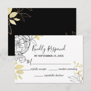 Cartons Réponse Mariage floral classique Black & Gold Peony