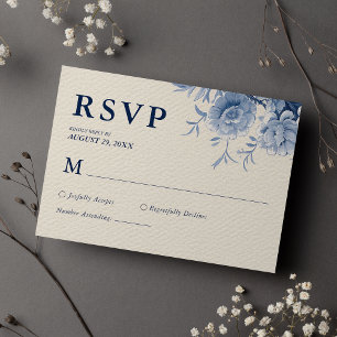 Cartons Réponse Mariage Floral Crème Classique et Bleu Français Él