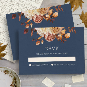 Cartons Réponse Mariage Floral d'Automne en Bleu Marine