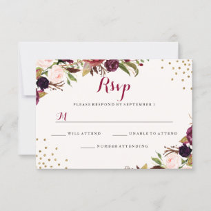 Cartons Réponse Mariage floral de Bourgogne Confetti