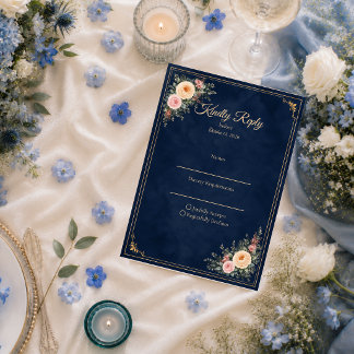 Cartons Réponse Mariage floral de coin élégant en bleu marine