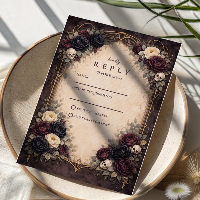 Cartons Réponse Mariage Floral de Crâne Gothique Sombre (Créateur téléchargé)