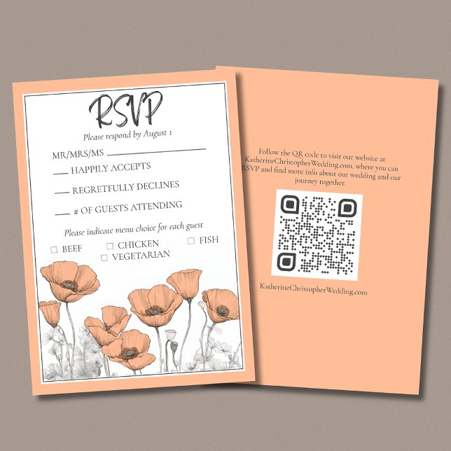 Cartons Réponse Mariage floral de la Pêche au pavot de Californie (Custom California Poppies Floral Wedding RSVP Card in Peach Fuzz with QR code for wedding website.)