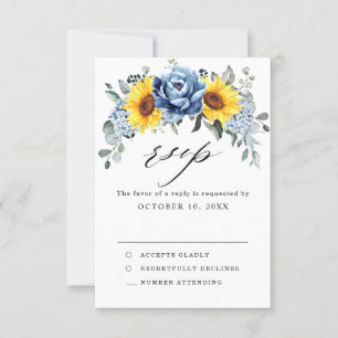 Cartons Réponse Mariage Floral de Tournesol Pivoine Ardoise Bleu P
