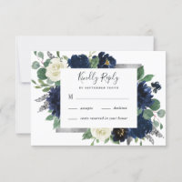 Mariage floral d'ivoire élégant bleu marine et arg