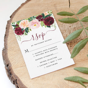 Cartons Réponse Mariage Floral Élégant Bourgogne et Rose