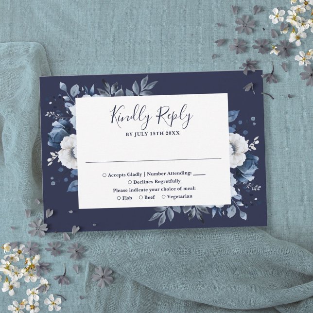 Cartons Réponse Mariage Floral Élégant Jardin Campagnard Bleu Mari (Navy Blue Elegant Country Garden Floral Wedding RSVP Card)