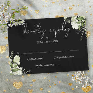 Cartons Réponse Mariage Floral Élégant Noir Et Blanc avec Verdure