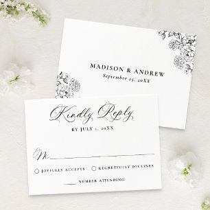 Cartons Réponse Mariage Floral Élégant Noir Victorien