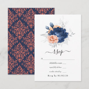 Cartons Réponse Mariage floral en corail, bleu marine et argent