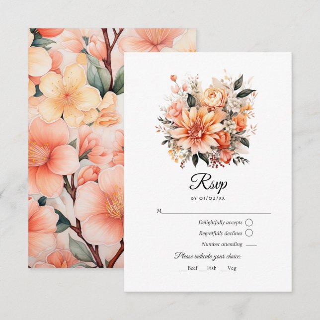 Cartons Réponse Mariage Floral Fuzz pêche (Devant / Derrière)