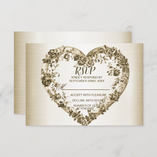 Cartons Réponse Mariage Floral Golden Ornate Heart Frame Élégant (Devant / Derrière)