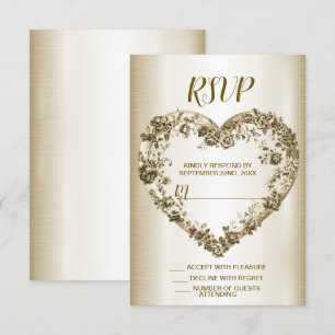 Cartons Réponse Mariage Floral Golden Ornate Heart Frame Élégant