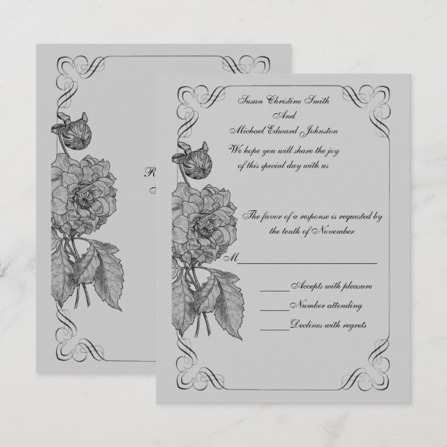 Cartons Réponse Mariage floral gris argenté noir (Devant / Derrière)