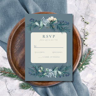 Cartons Réponse Mariage Floral Hivernal Gris Bleu Poussiéreux