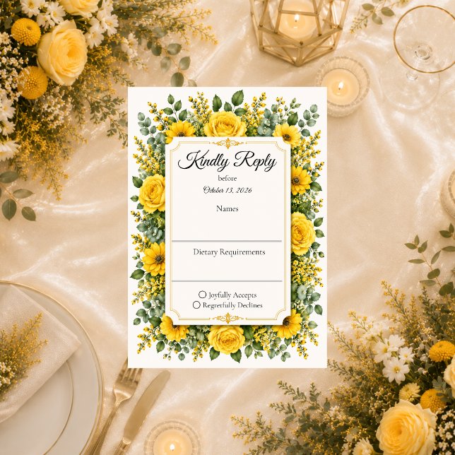 Cartons Réponse Mariage Floral Jaune Élégant  (Créateur téléchargé)