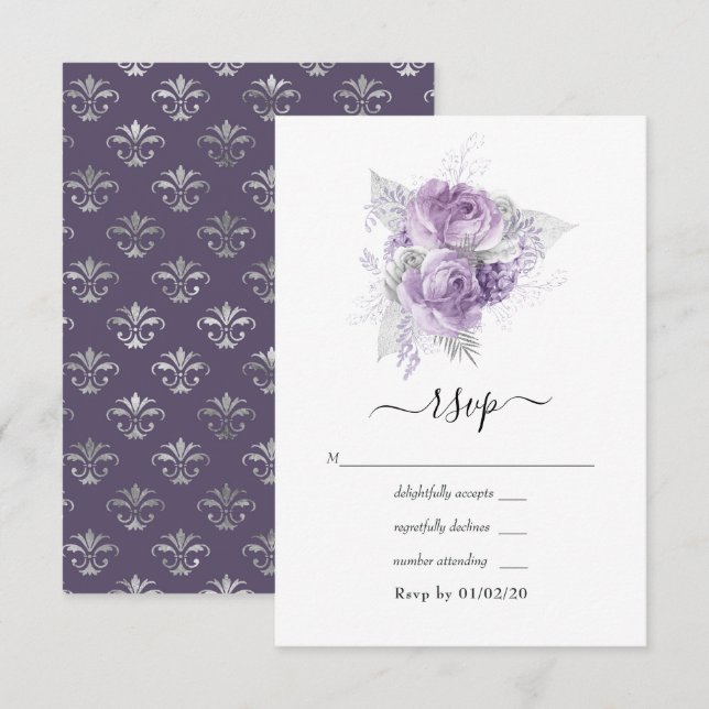 Cartons Réponse Mariage Floral Lavande et Argent (Devant / Derrière)