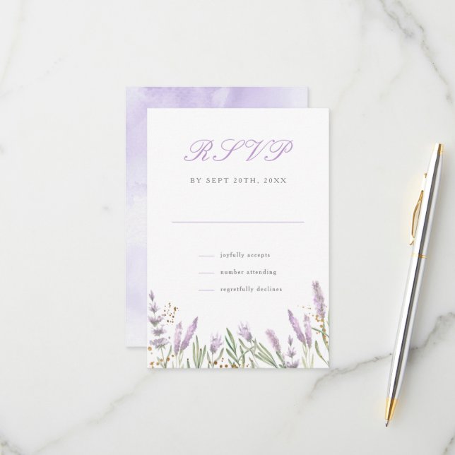 Cartons Réponse Mariage floral moderne Gold & Watercolor Lavender (Devant/Arrière en situation)