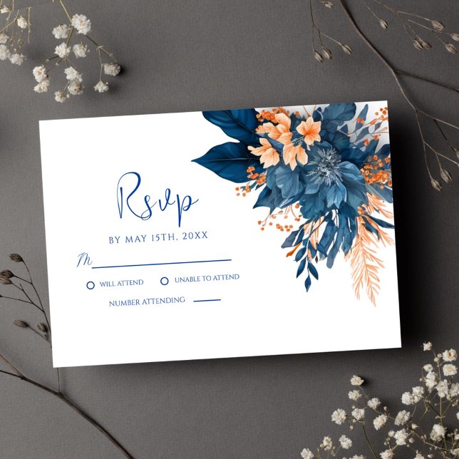 Cartons Réponse Mariage Floral moderne Indigo Rust (Indigo Rust Modern Floral Wedding RSVP Card)