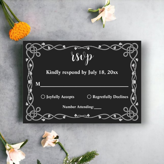 Cartons Réponse Mariage Floral Moderne Noir Et Blanc Minimal Chic (Créateur téléchargé)