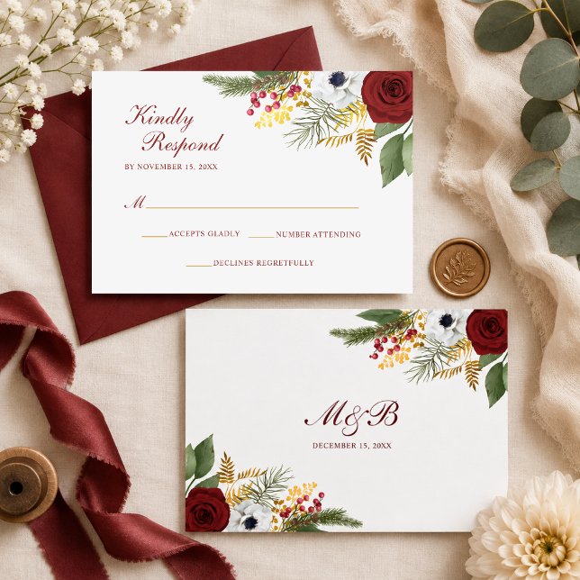 Cartons Réponse Mariage Floral Monogramme Script Or et Rouge Bourg (Créateur téléchargé)