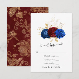 Cartons Réponse Mariage floral Navy, Rouge et Or