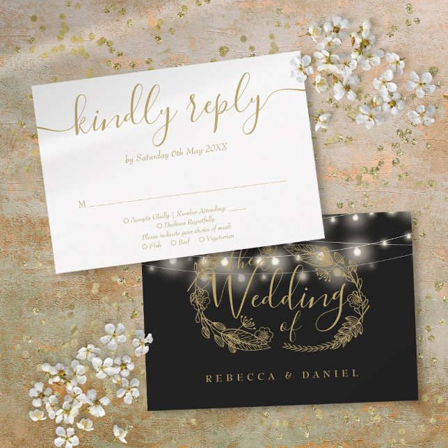 Cartons Réponse Mariage Floral Noir Et Or (Black And Gold String Lights Floral Wedding RSVP Card)