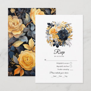 Cartons Réponse Mariage floral noir et or