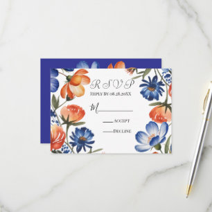 Cartons Réponse Mariage Floral Orange et Bleu Cobalt