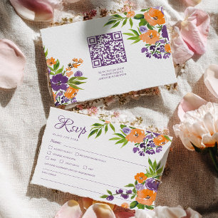 Cartons Réponse Mariage Floral QR Code Orange et Violet Gras