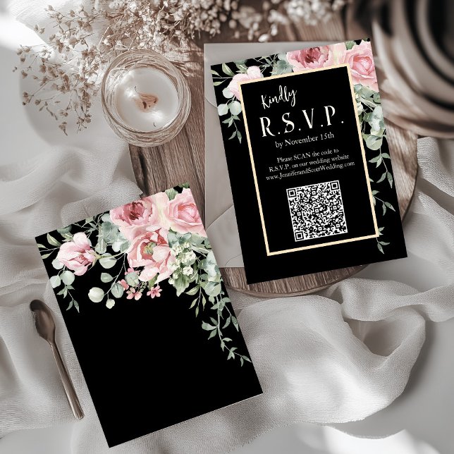 Cartons Réponse Mariage Floral Rose à l'Aquarelle Noire (Black Pink and Gold Floral Boho Wedding RSVP)