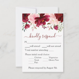 Cartons Réponse Mariage Floral Rose Bourgogne