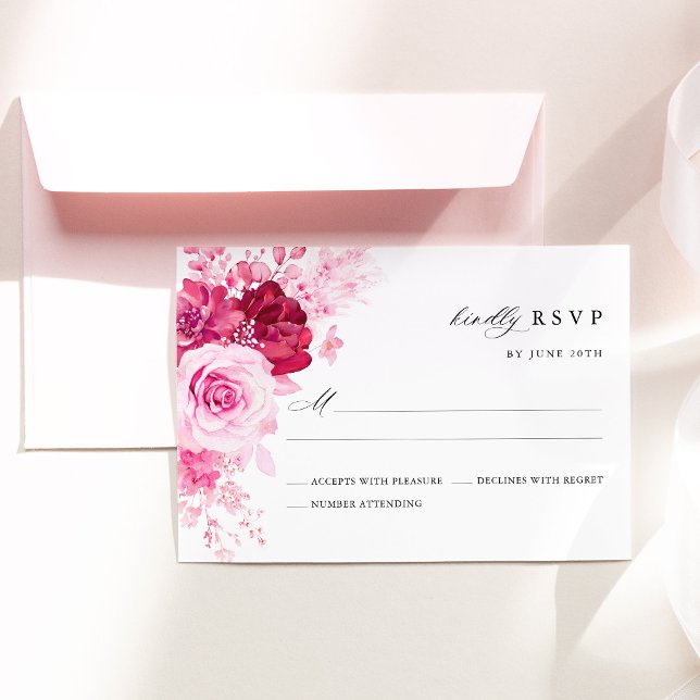 Cartons Réponse Mariage Floral Rose Chaud (Hot Pink Floral Wedding RSVP Card, Fuchsia Rose Elegant Garden Wedding Response Card)