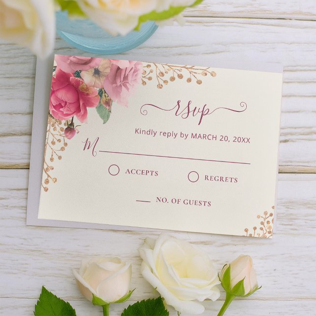 Cartons Réponse Mariage floral rose rose brillant d'or romantique (Romantic Gold Blush Pink Floral Wedding RSVP Card
)