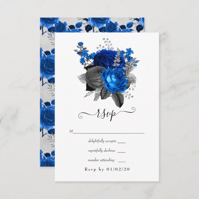 Cartons Réponse Mariage Floral Royal Bleu, Noir et Argent (Devant / Derrière)