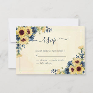 Cartons Réponse Mariage Floral Rustique Chaud Tournesol Bleu Marin