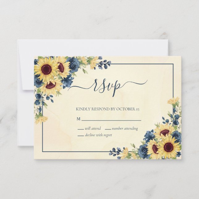 Cartons Réponse Mariage Floral Rustique Chaud Tournesol Bleu Marin (Devant)