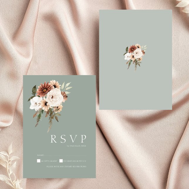 Cartons Réponse Mariage floral rustique de Pêche verte de Sage (Rustic Sage Green Peach Floral Wedding RSVP Card)