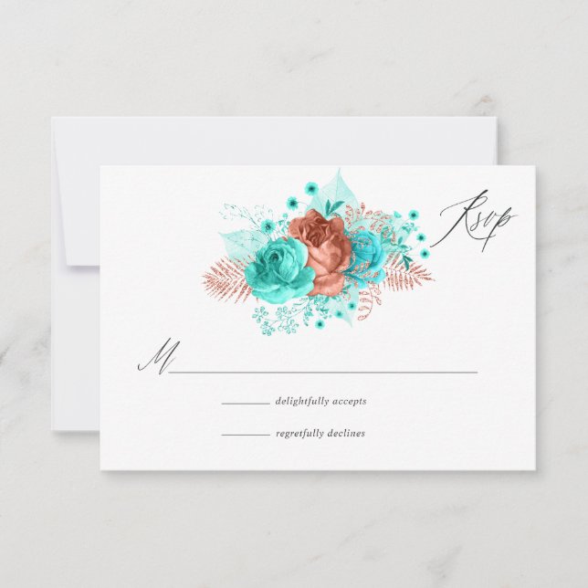Cartons Réponse Mariage Floral Rustique Turquoise et Corail (Devant)