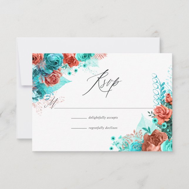 Cartons Réponse Mariage Floral Rustique Turquoise et Corail (Devant)