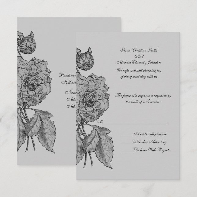 Cartons Réponse Mariage floral Silver Grey Peony (Devant / Derrière)