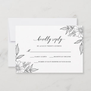 Cartons Réponse Mariage floral simple et délicat noir
