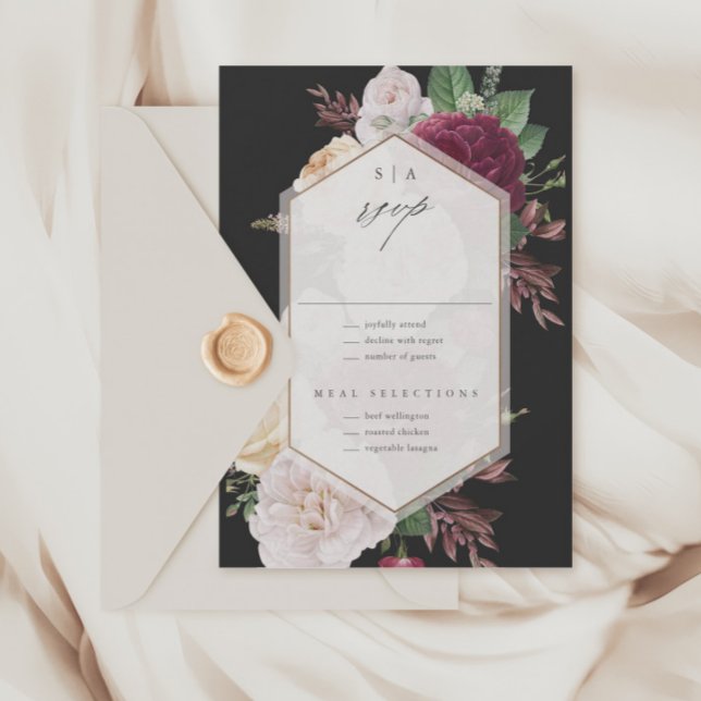 Cartons Réponse Mariage Floral Vintage (Vintage Floral Bouquet Black Wedding RSVP Cards.)