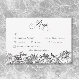 Cartons Réponse Mariage Floral Vintage Tapisserie Noir & Blanc