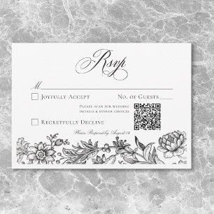 Cartons Réponse Mariage Floral Vintage Tapisserie Noir & Blanc RSV
