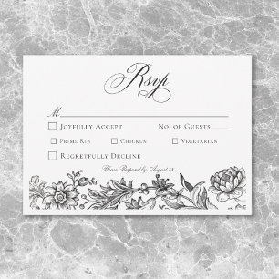 Cartons Réponse Mariage Floral Vintage Tapisserie Noir et Blanc